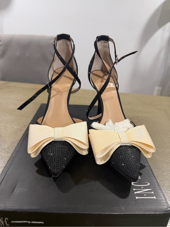 INC International Concepts Shoes - INC International Concepts Black Pointed Heels with Cream Bow Accent